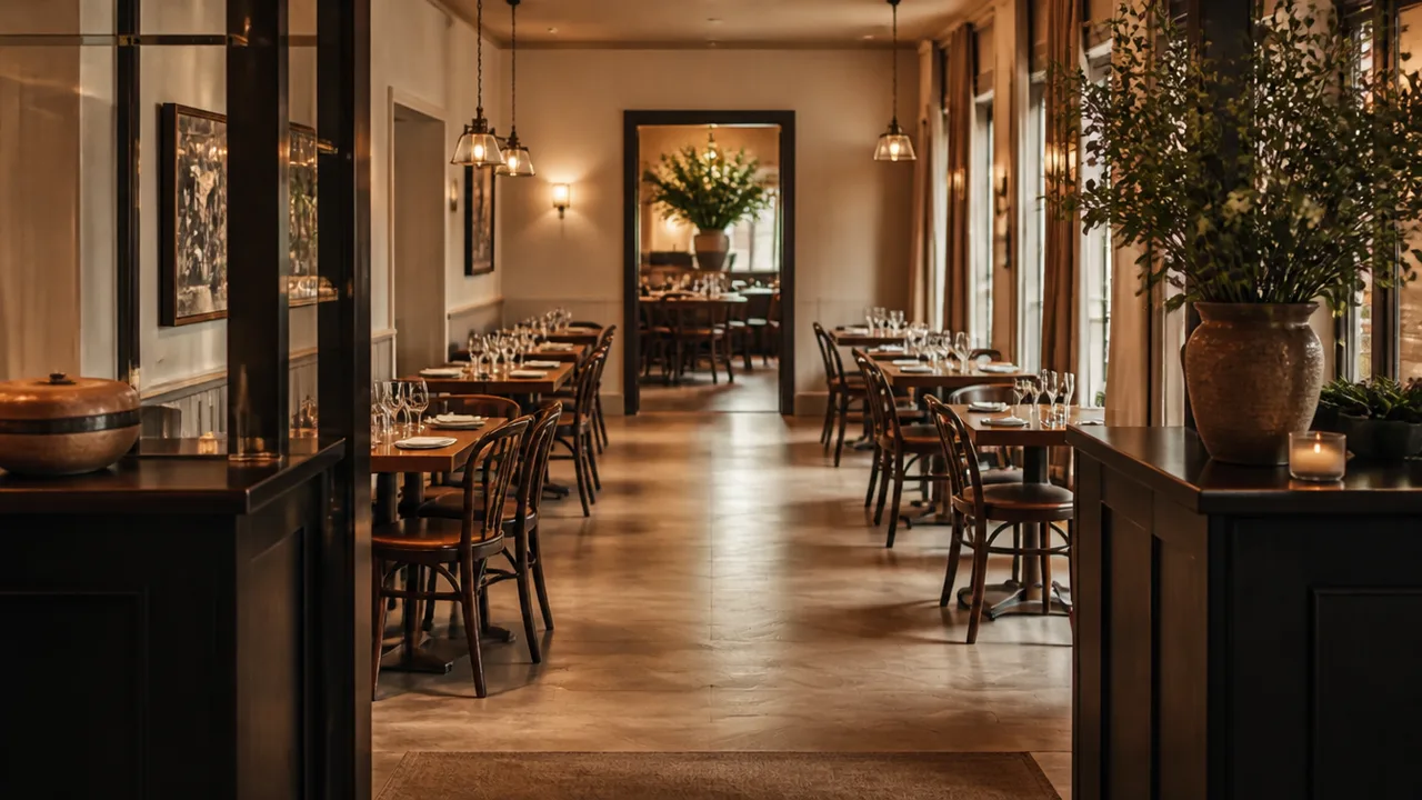 View from host stand into an organized dining room showing clear guest path