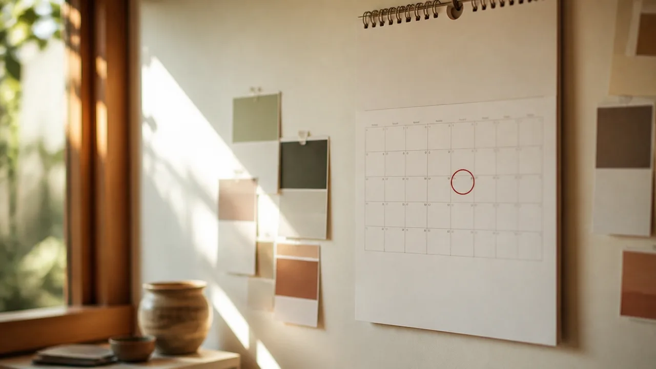Wall calendar with a circled date beside paint samples, no readable text