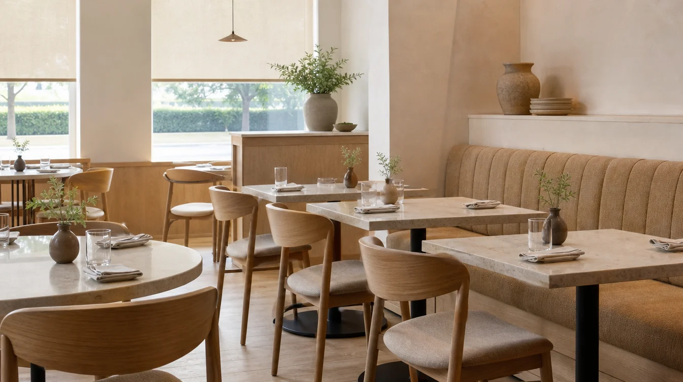 Dining room with coordinated chairs, tables and booth seating