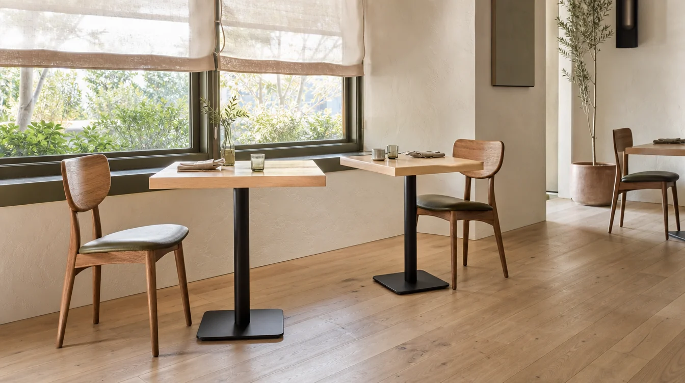Restaurant tabletops and bases viewed together with dining chairs
