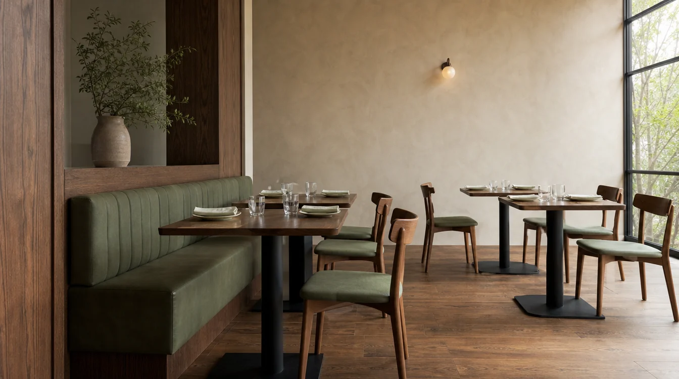 Upholstered restaurant booth seating with separate dining tables