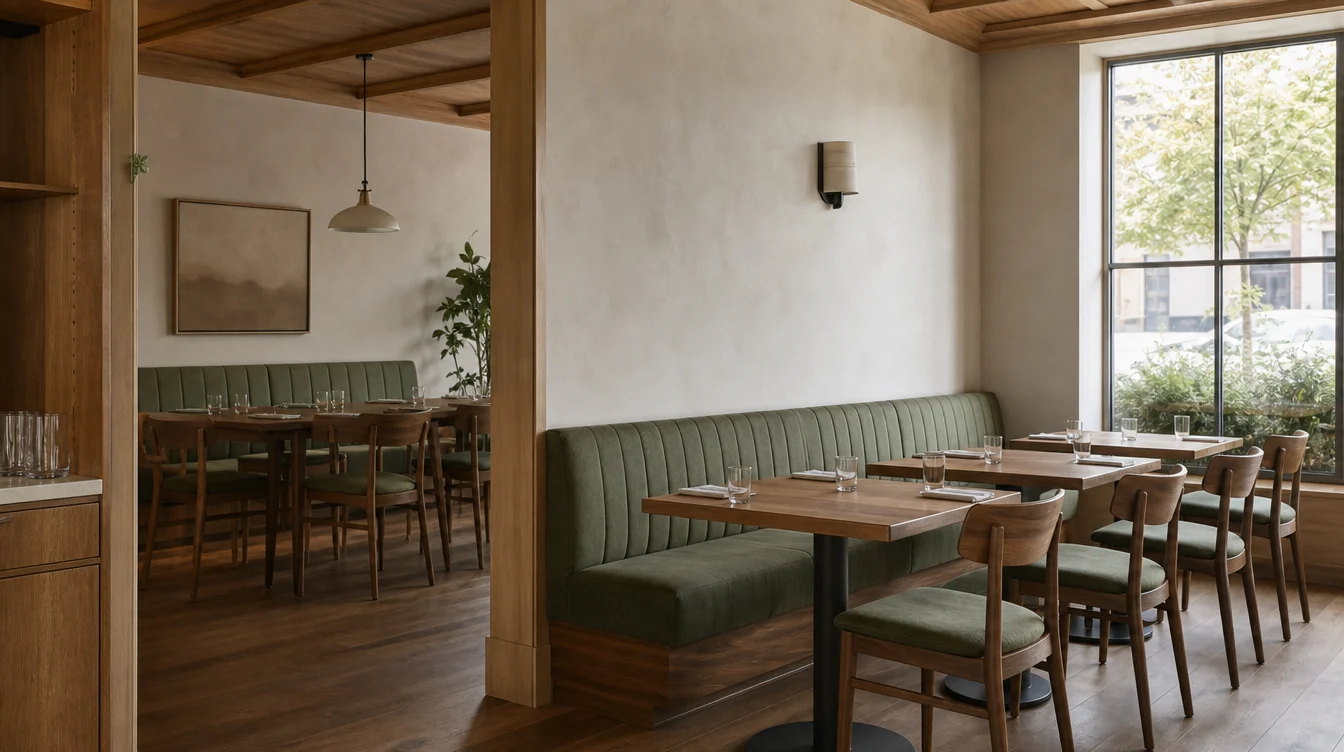 Dining room with coordinated chairs, tables and booth seating