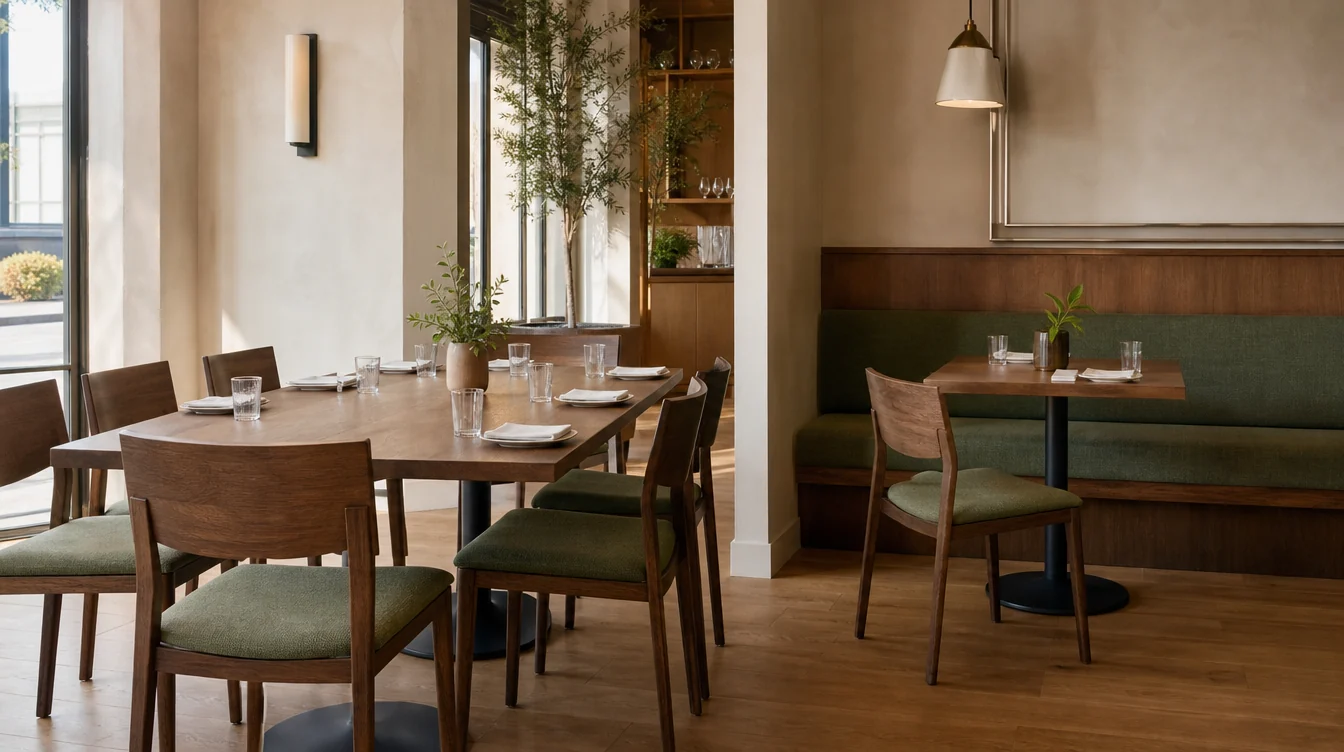 Restaurant tabletops and complete bases shown with dining chairs