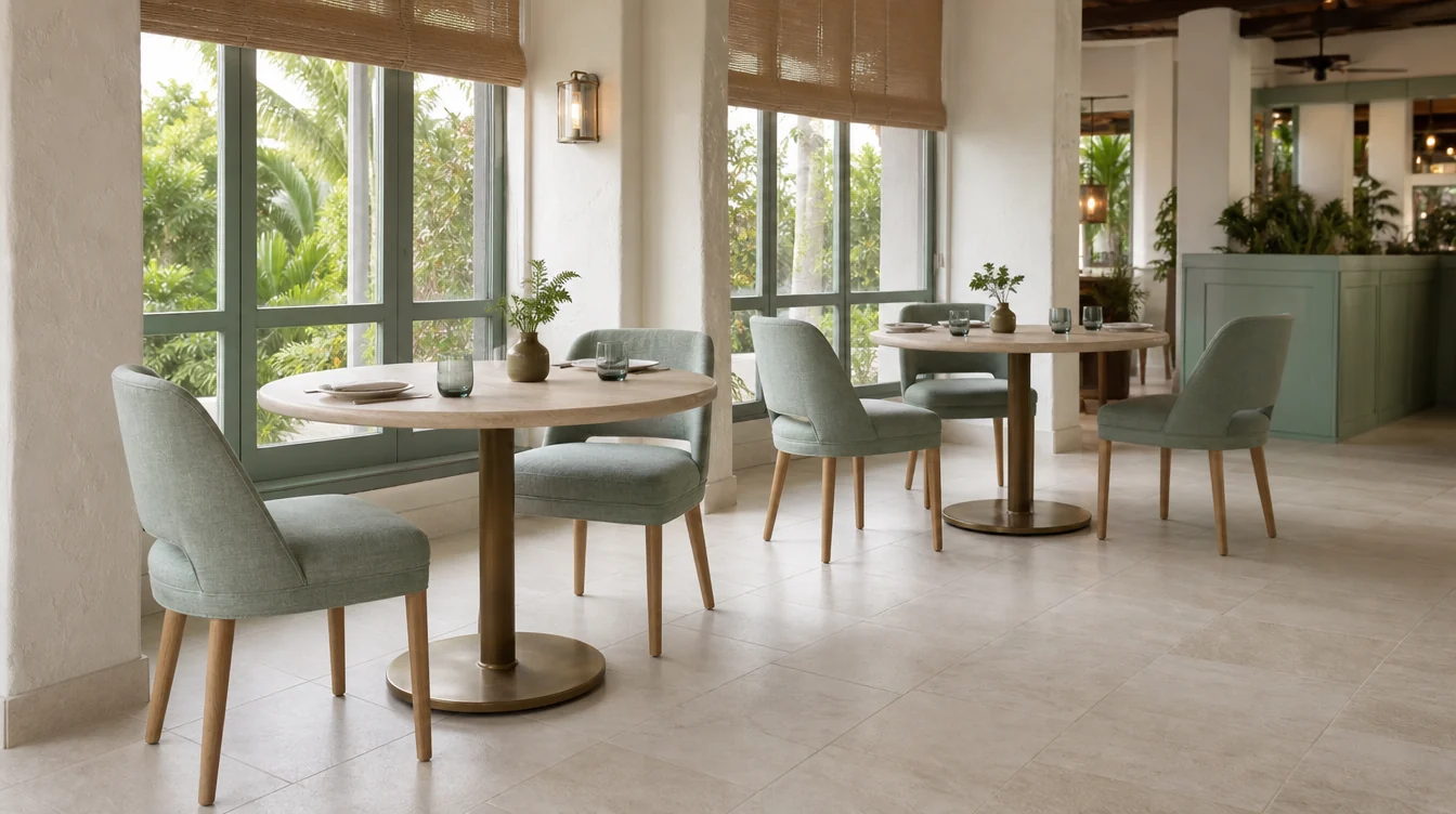 Restaurant tabletops and bases viewed together with dining chairs