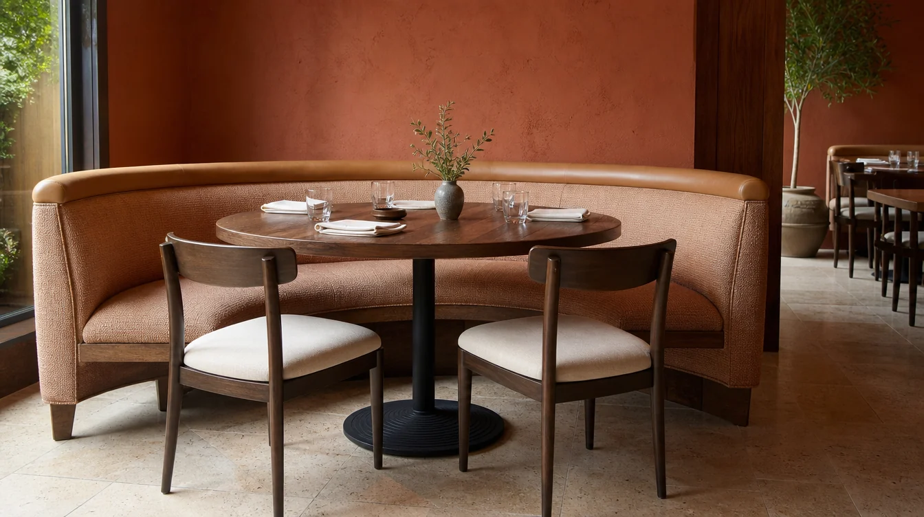 Upholstered restaurant booth seating with separate dining tables