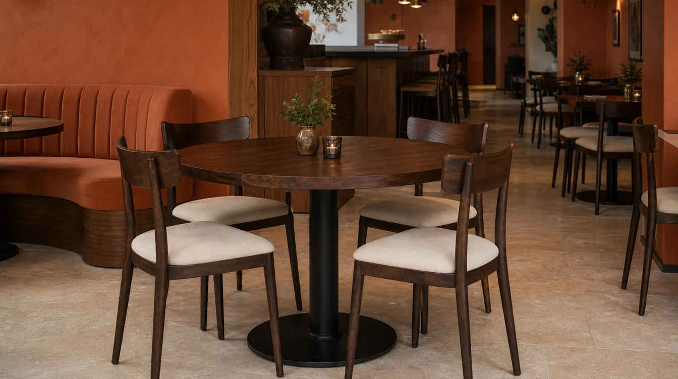 Restaurant tabletops and complete bases shown with dining chairs