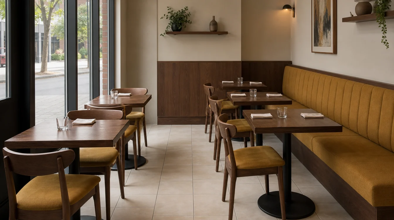 Upholstered restaurant booth seating with separate dining tables