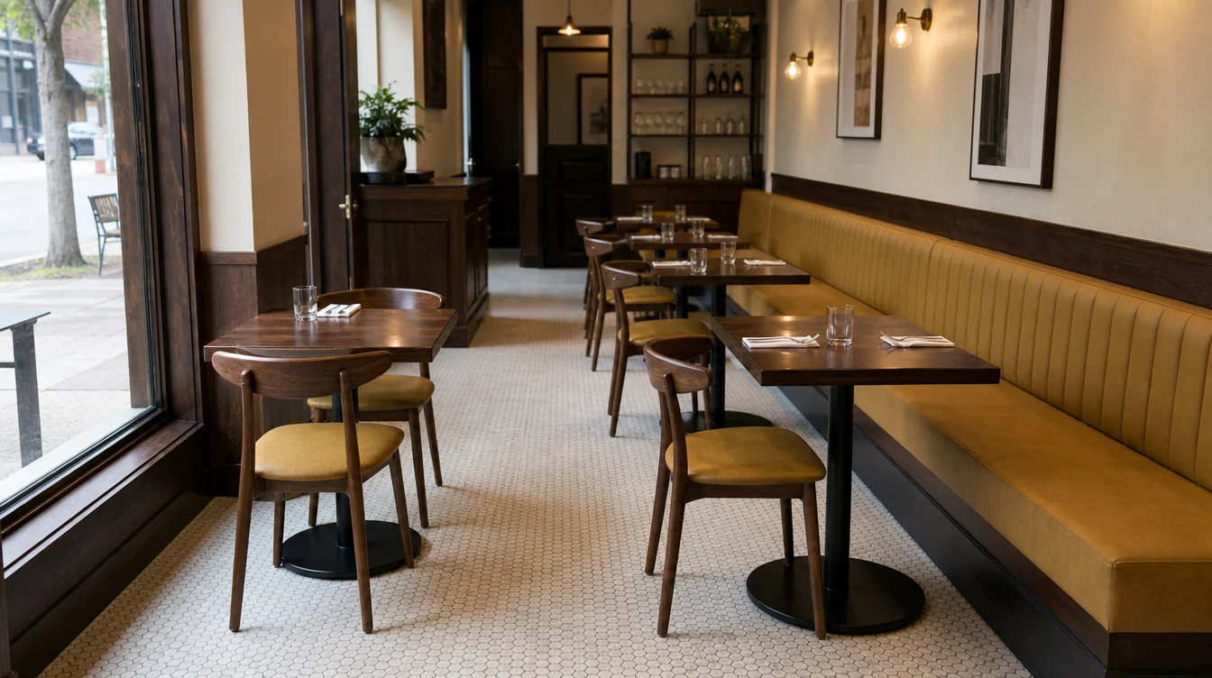 Dining room with coordinated chairs, tables and booth seating