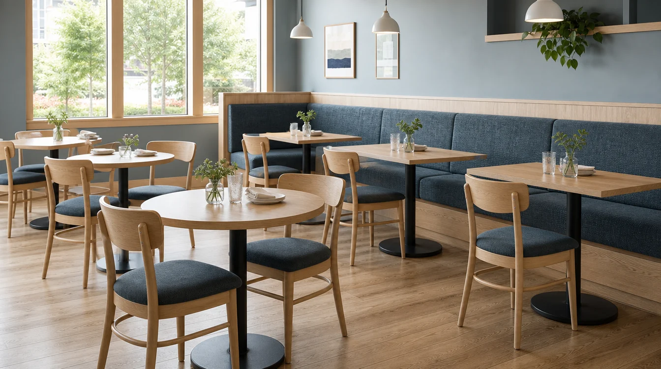 Dining room with coordinated chairs, tables and booth seating