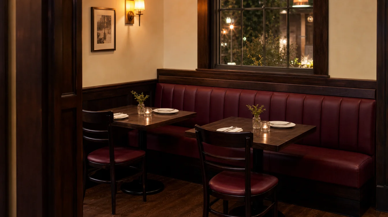 Upholstered restaurant booth seating with separate dining tables