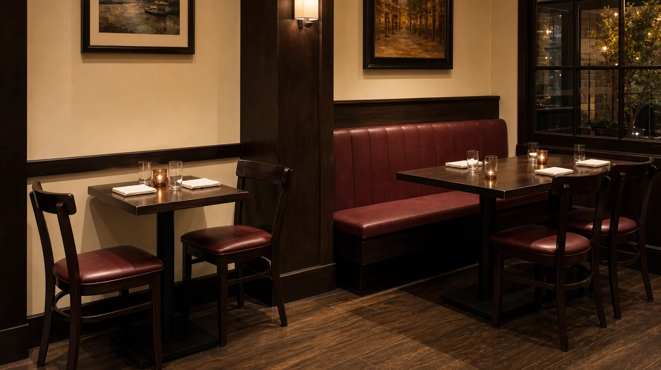 Restaurant tabletops and complete bases shown with dining chairs