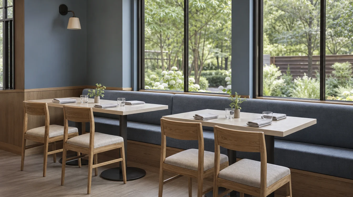 Upholstered restaurant booth seating with separate dining tables