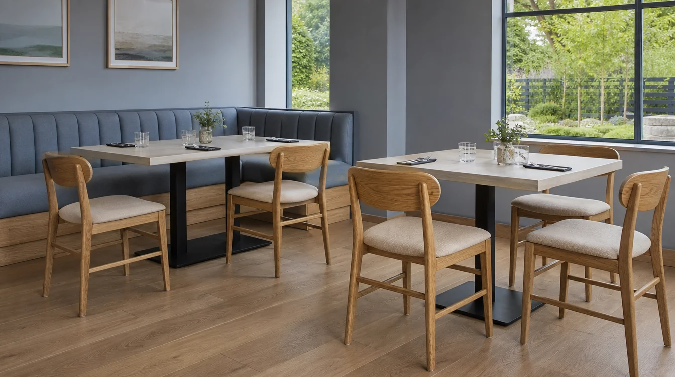 Restaurant tabletops and complete bases shown with dining chairs