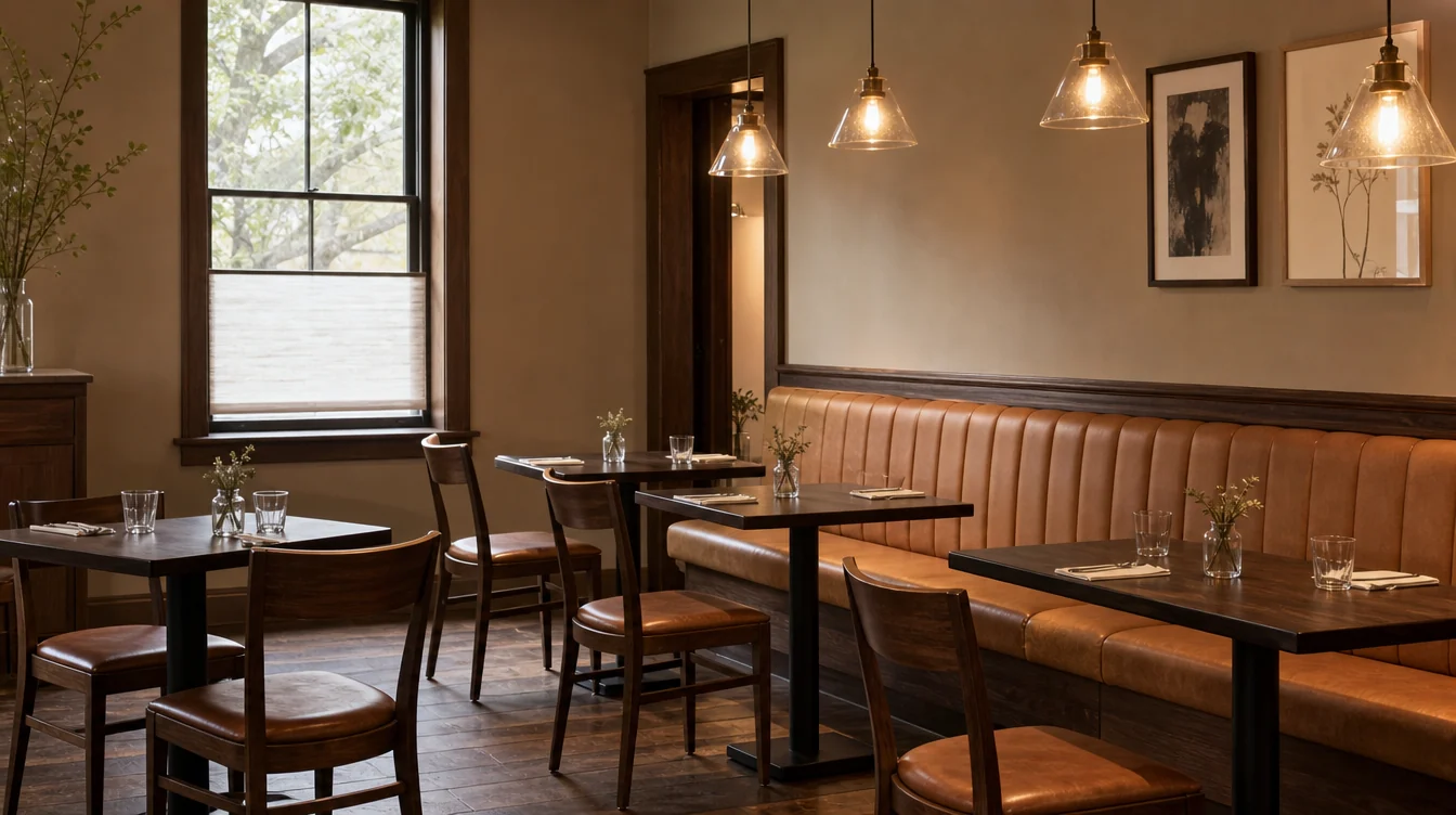 Dining room with coordinated chairs, tables and booth seating
