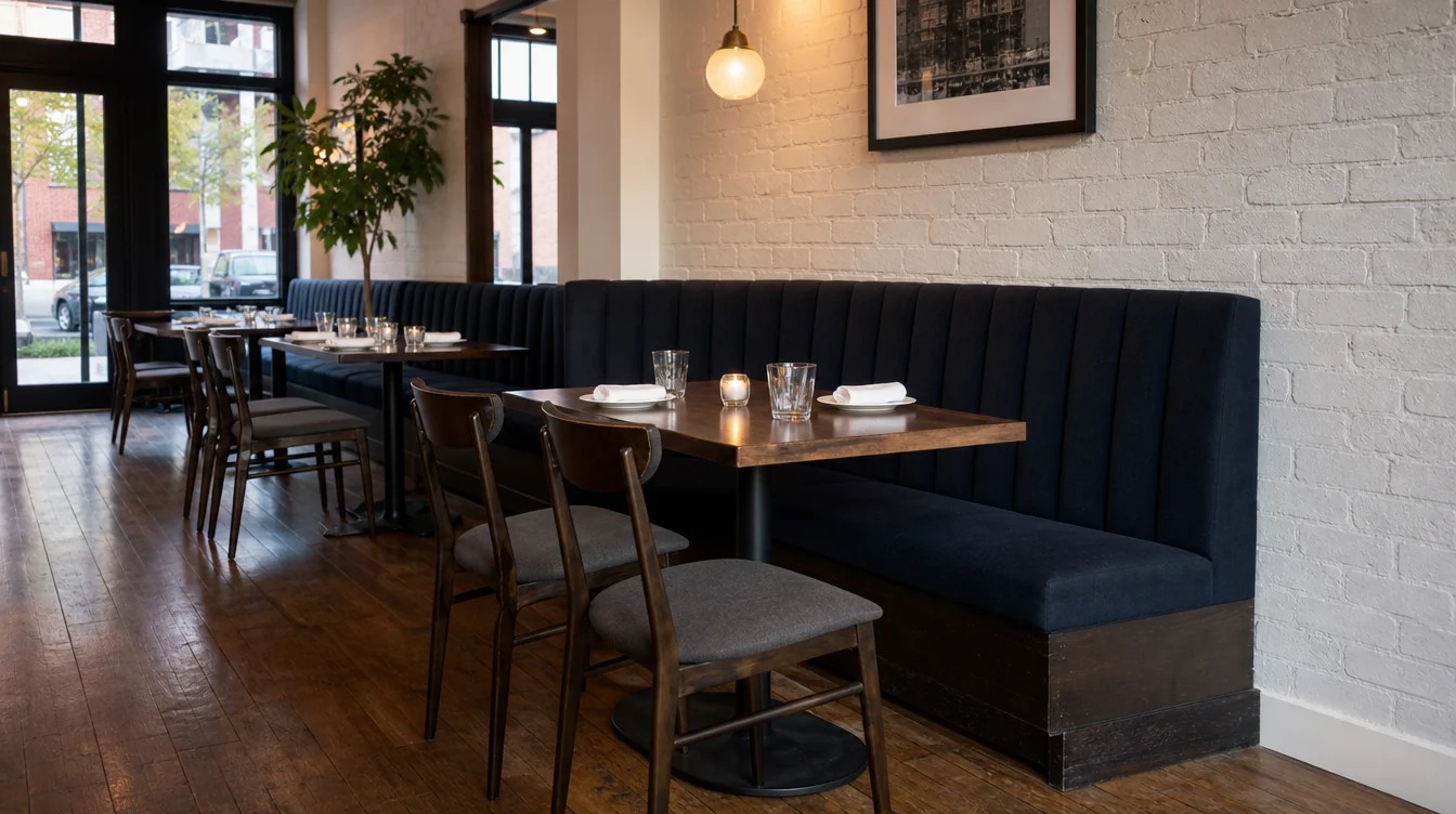 Upholstered restaurant booth paired with a table and loose dining chairs