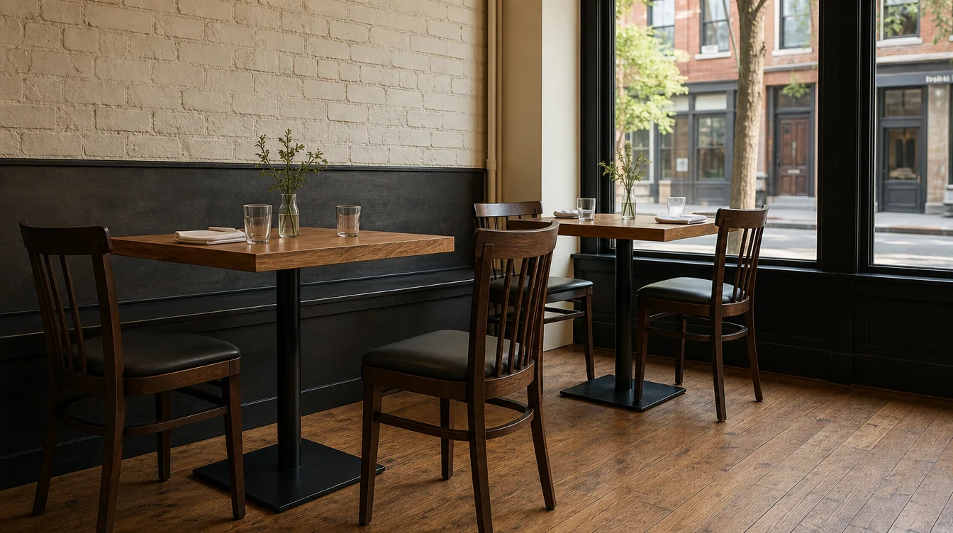 Restaurant tabletops and bases viewed together with dining chairs