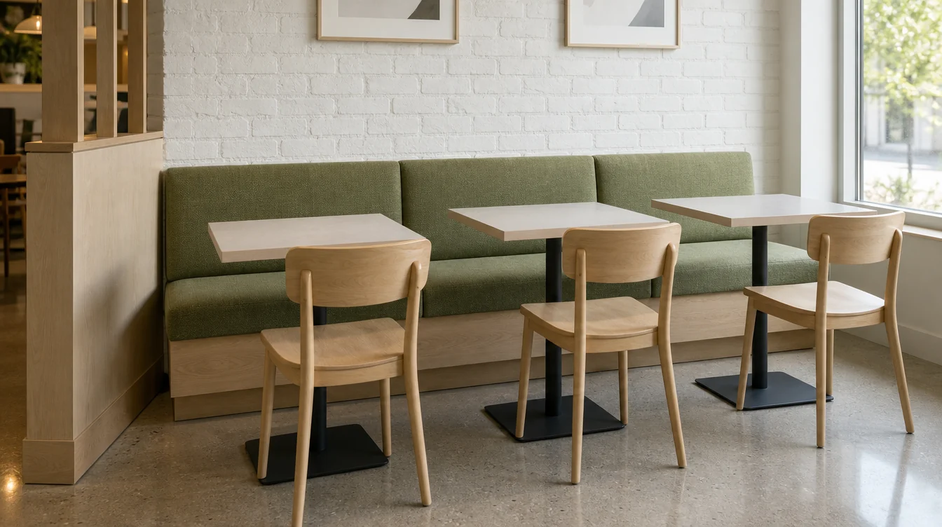 Upholstered restaurant booth seating with separate dining tables