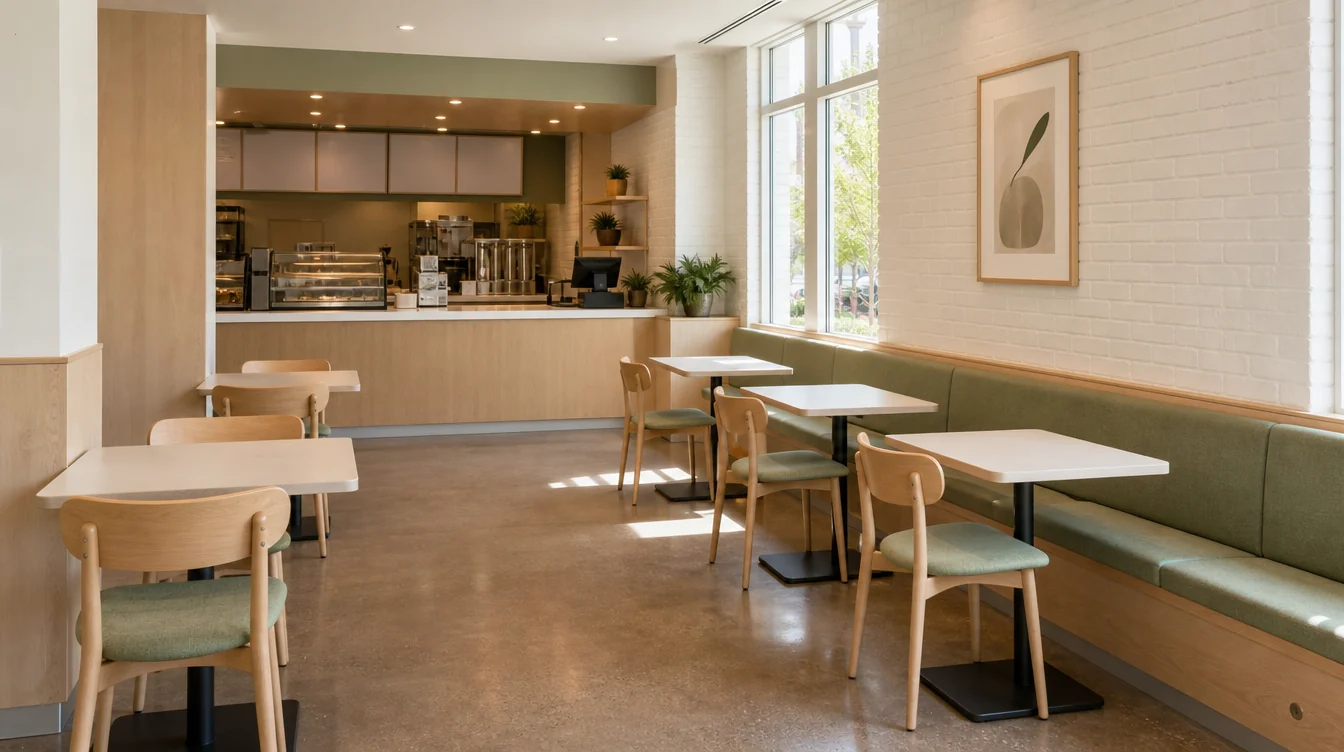 Dining room with coordinated chairs, tables and booth seating
