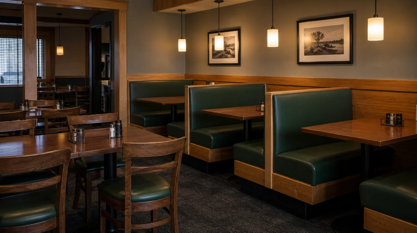 Upholstered restaurant booth seating with separate dining tables