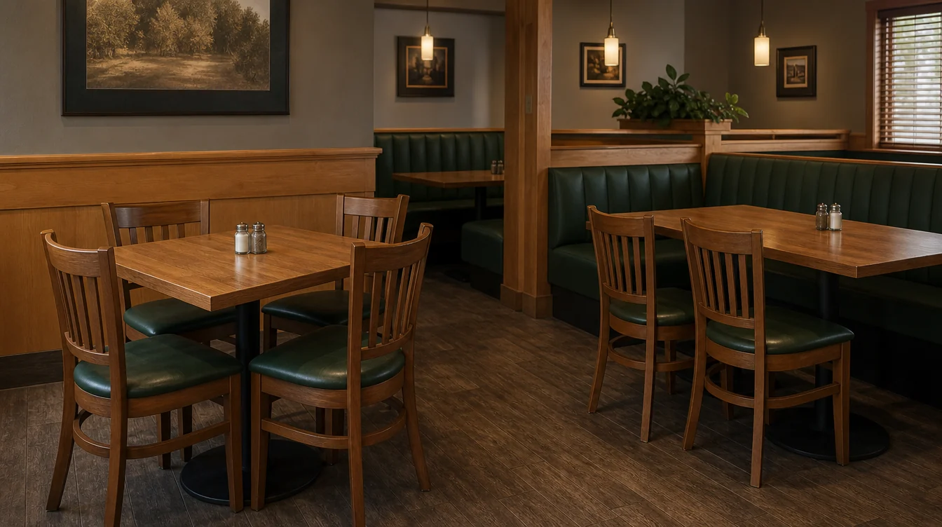 Restaurant tabletops and complete bases shown with dining chairs