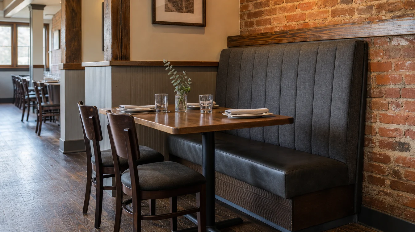 Upholstered restaurant booth paired with a table and loose dining chairs