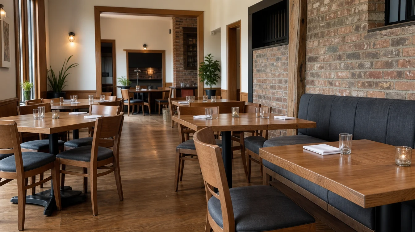 Restaurant dining room with coordinated chairs, tables and booth seating in a Pennsylvania planning scene