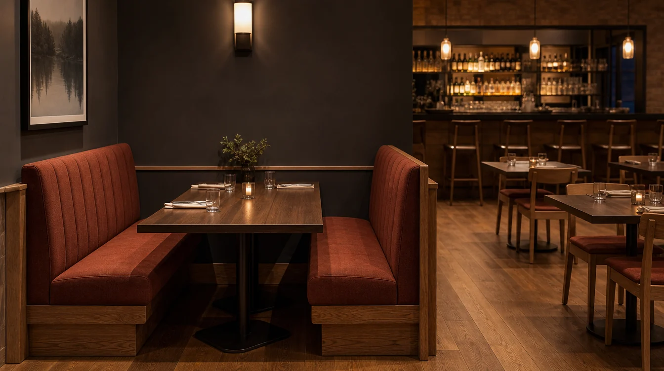 Upholstered restaurant booth seating with separate dining tables
