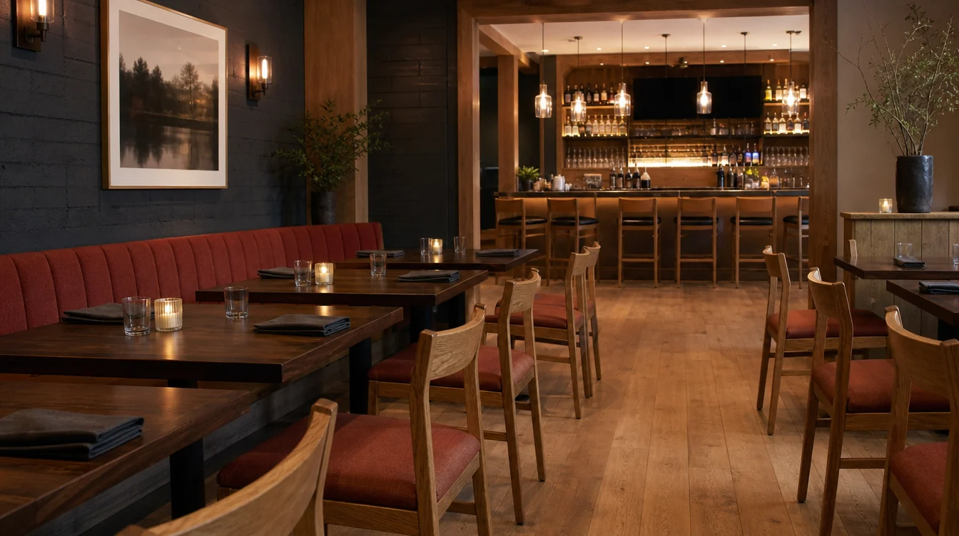 Dining room with coordinated chairs, tables and booth seating