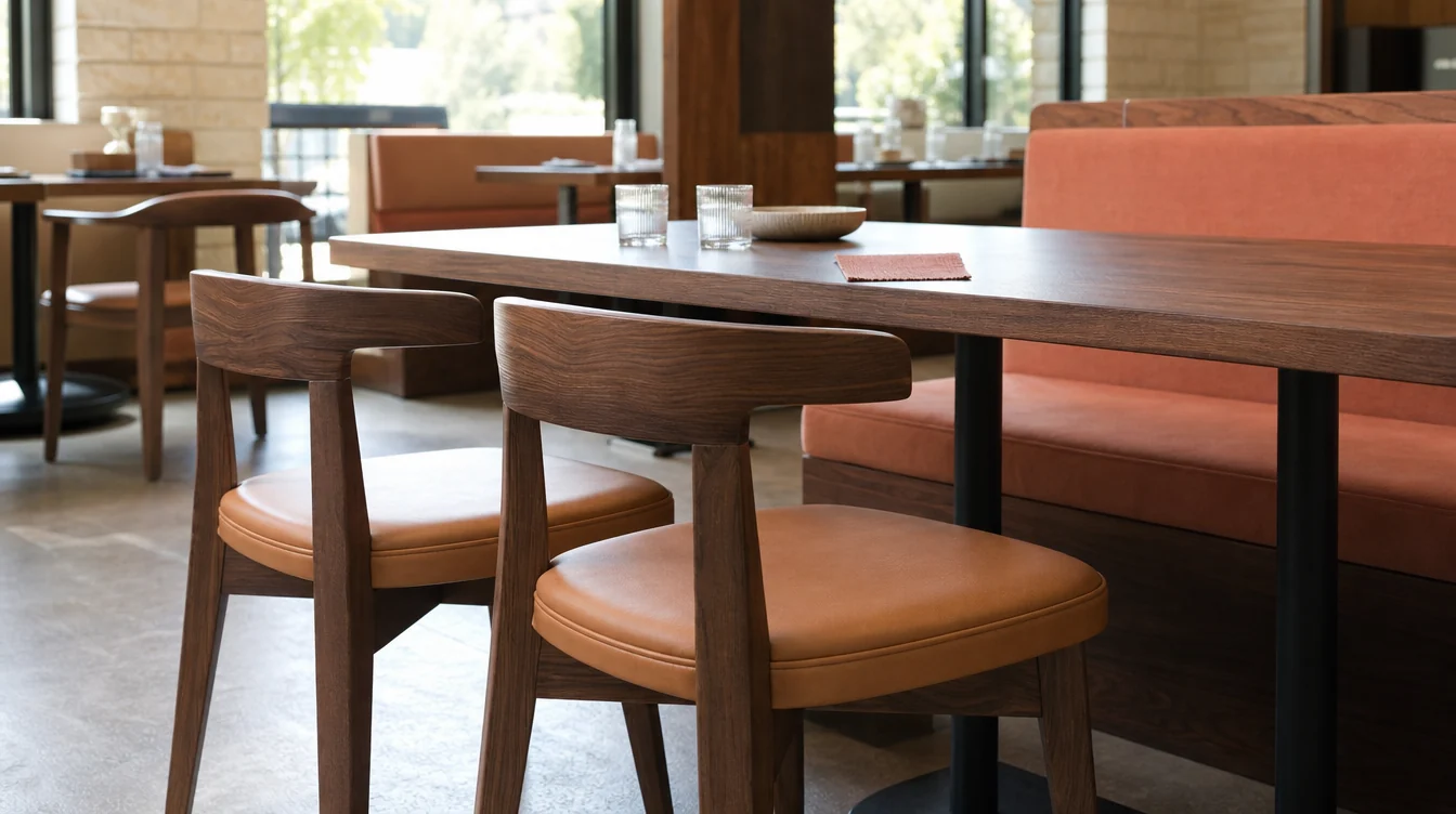 Restaurant dining-chair frame and upholstery details at a table
