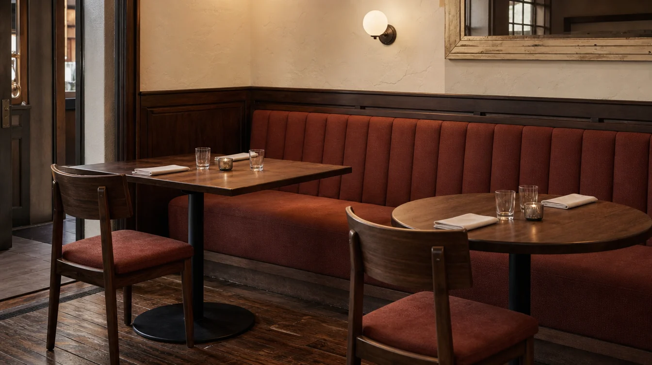 Upholstered restaurant booth seating with separate dining tables