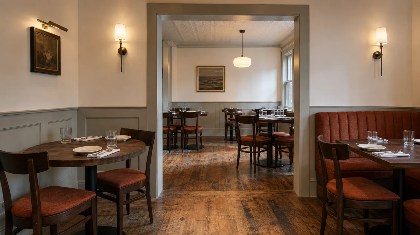 Dining room with coordinated chairs, tables and booth seating