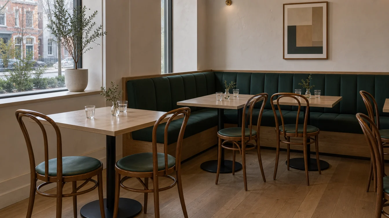 Upholstered restaurant booth seating with separate dining tables