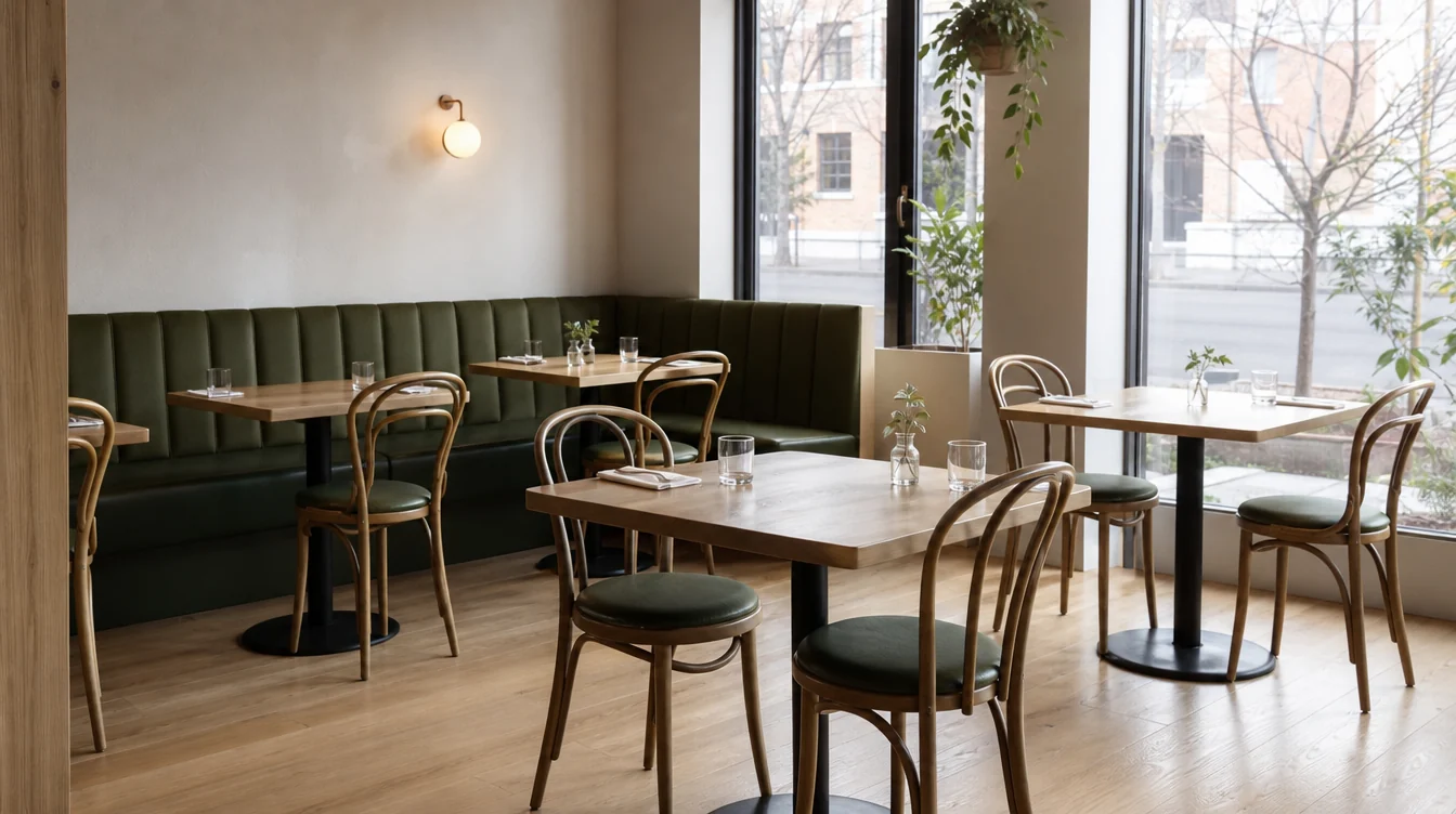Dining room with coordinated chairs, tables and booth seating