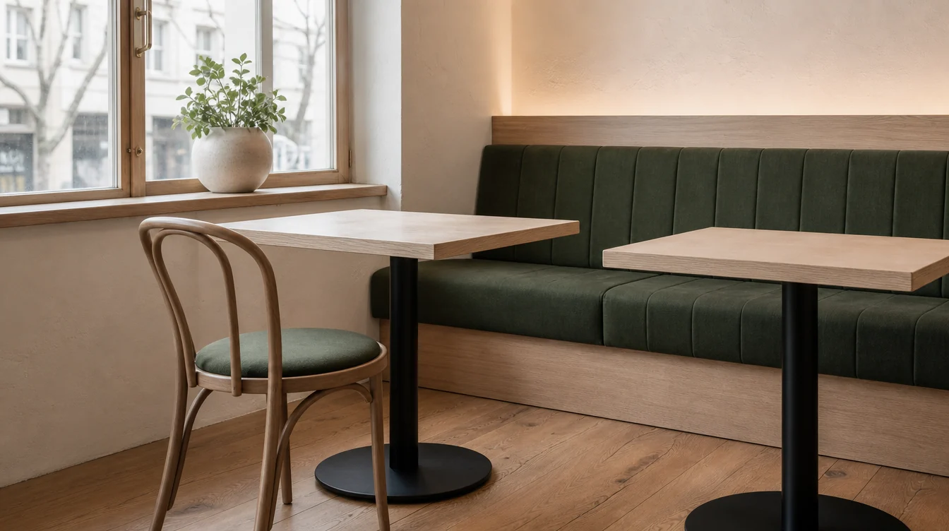 Restaurant tabletops and complete bases shown with dining chairs
