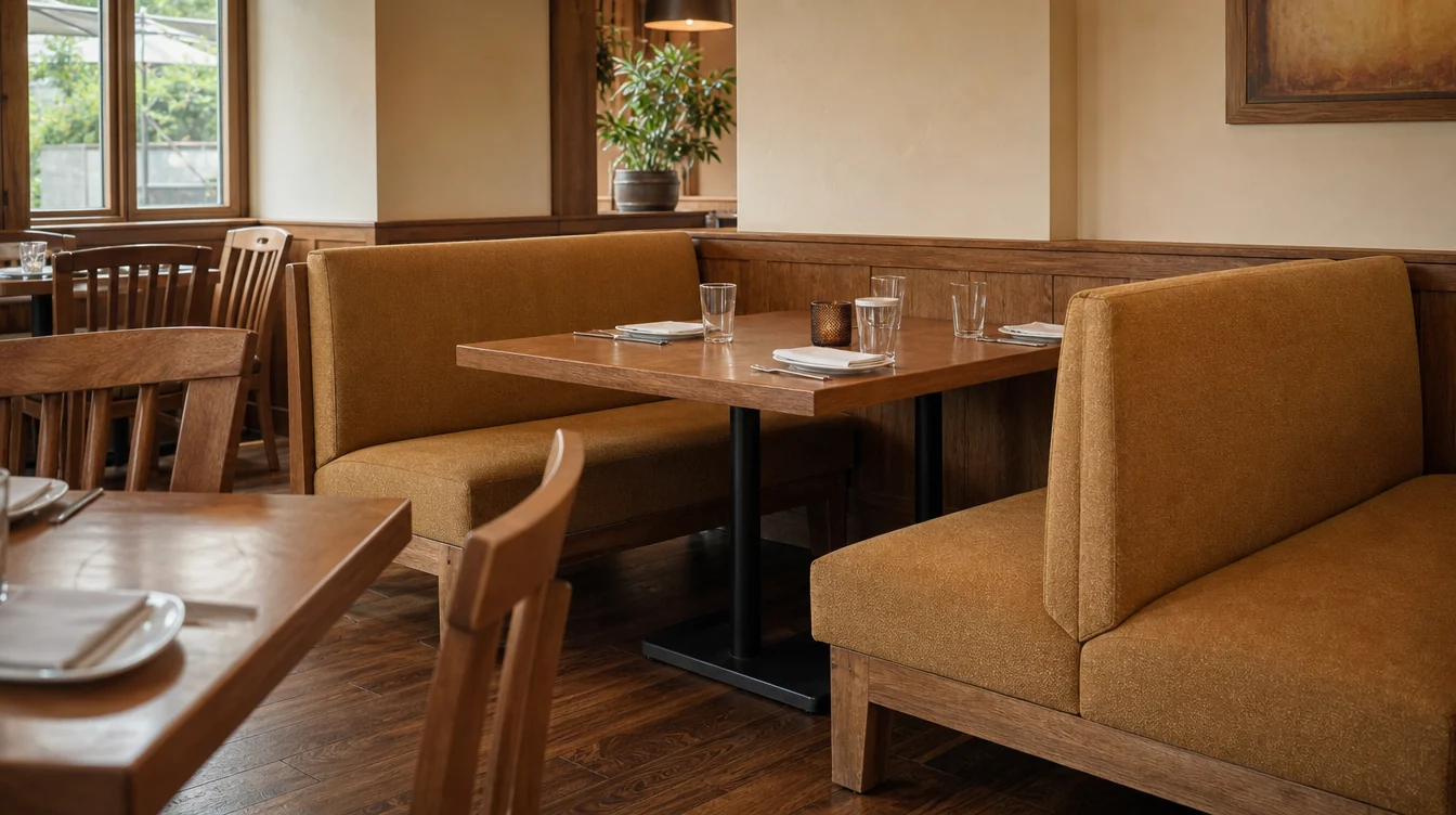 Upholstered restaurant booth seating with separate dining tables