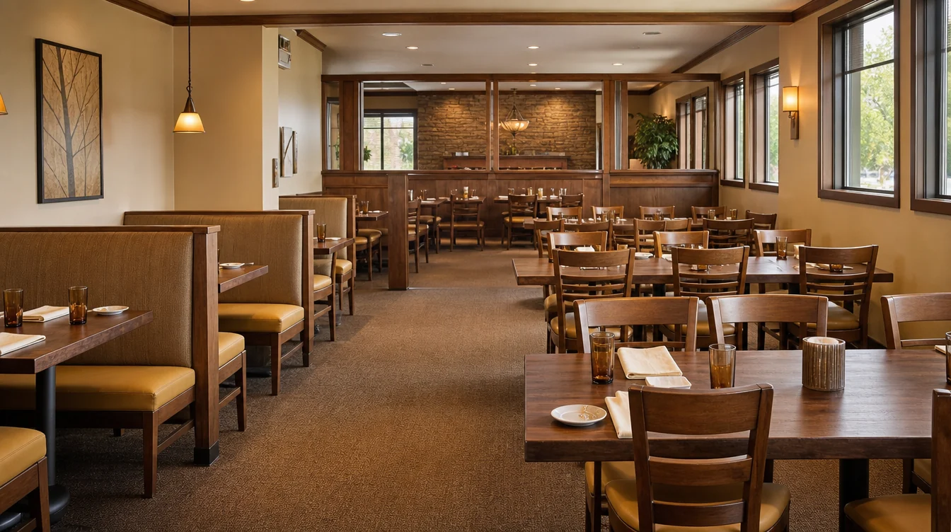 Dining room with coordinated chairs, tables and booth seating