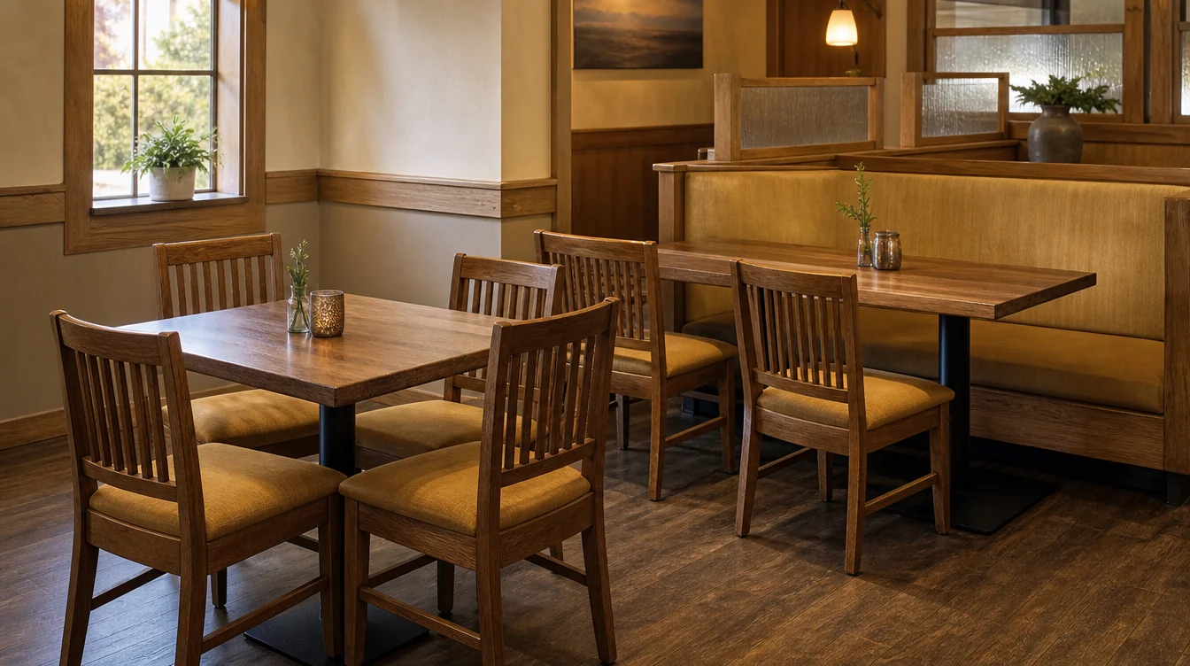 Restaurant tabletops and complete bases shown with dining chairs